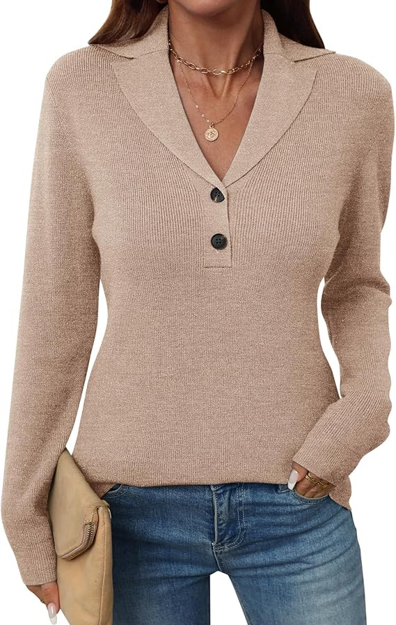 LOMON Sweaters for Women 2025 Fall Knitted V-Neck Collared Button Pullover Dressy Casual Long Sle... | Amazon (US)