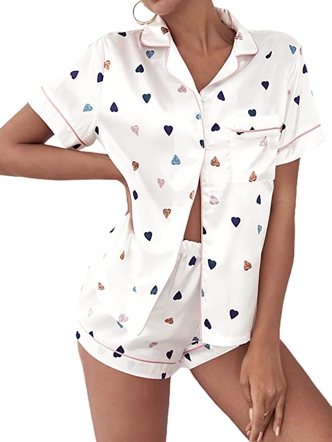 Verdusa Women's Striped Satin Sleepwear Short Sleeve Shirt and Shorts Pajama Set | Amazon (US)