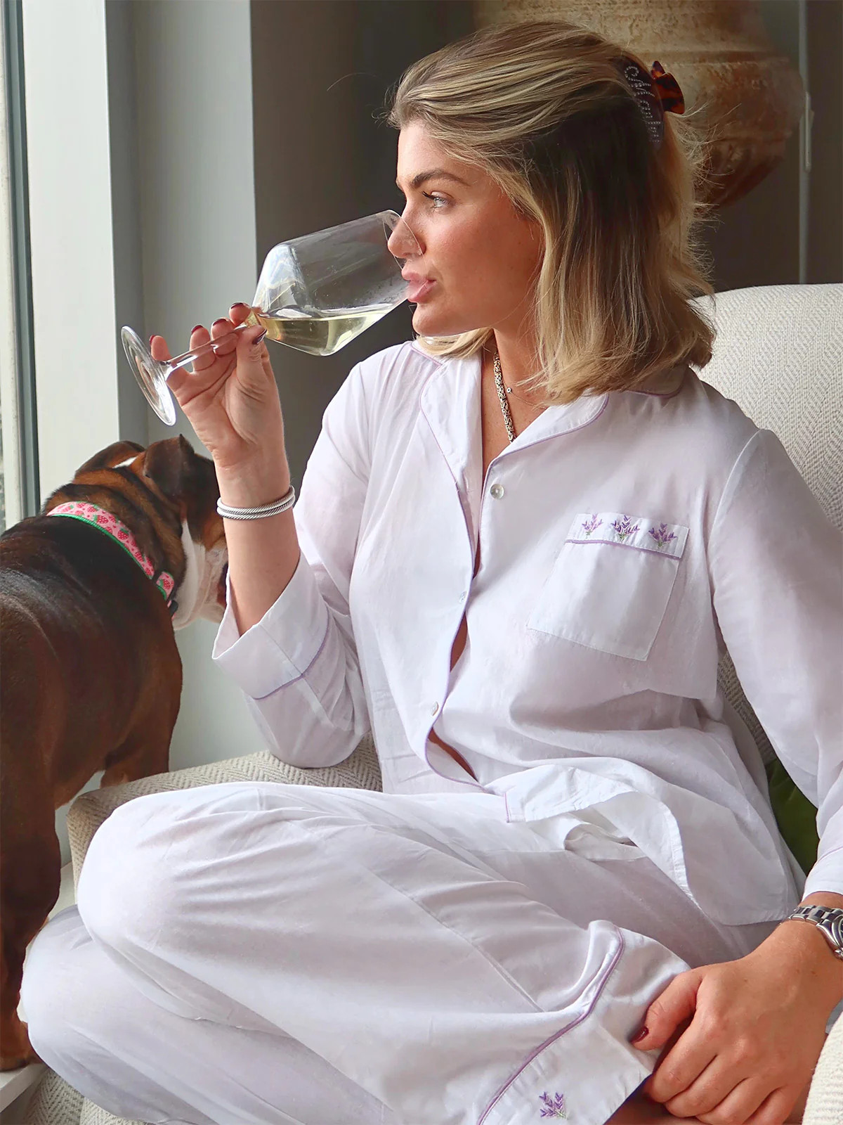 Luna White Cotton Pajamas, Embroidered with Lavender, Anniversary Style | Jacaranda Living