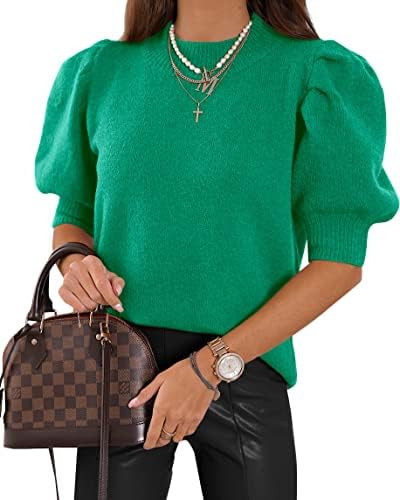 Women's Puff Short Sleeve Sweater Tops 2025 Summer Fall Trendy Knit Crew Neck Casual T Shirts Blo... | Amazon (US)