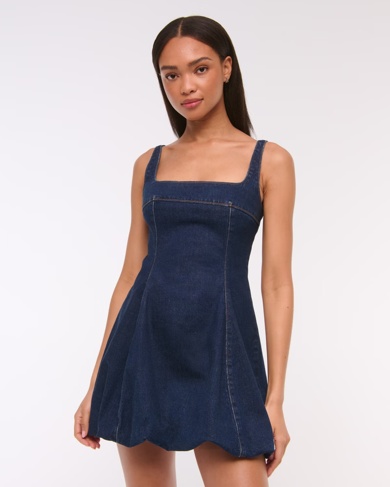 Women's Squareneck Bubble Hem Denim Mini Dress | Women's | Abercrombie.com | Abercrombie & Fitch (US)