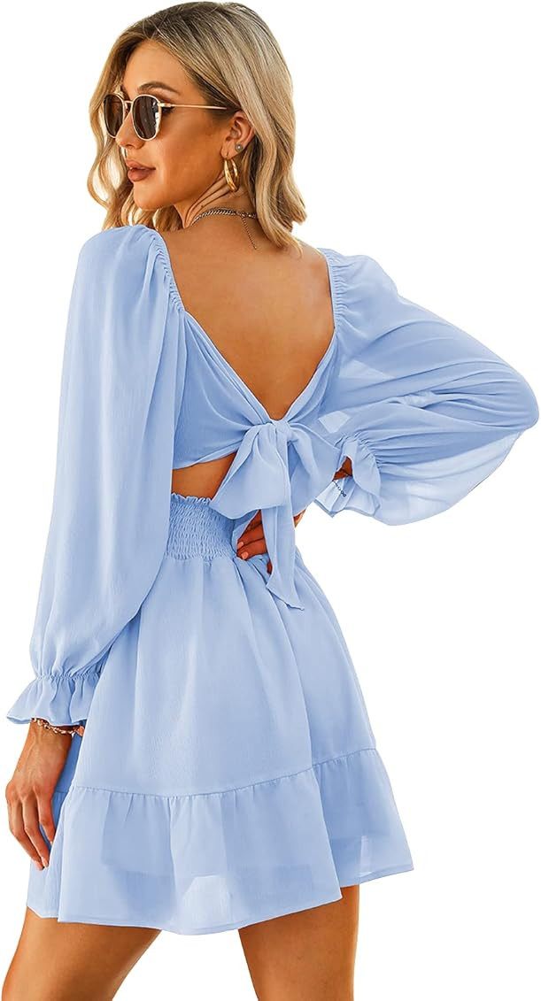 EXLURA Women Tie Back Summer Dresses Long Lantern Sleeve Square Neck Ruffle Elastic Waist Aline C... | Amazon (US)