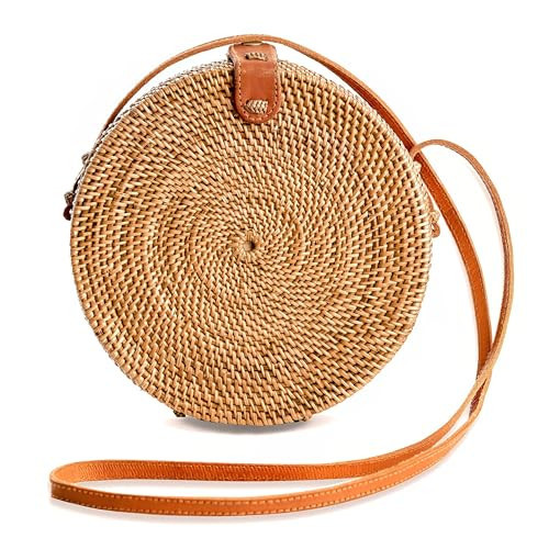 Lumova Handwoven Round Rattan Purse Crossbody – Straw Basket Wicker Bag for Women – Circle Summer Handbag (Big Brown Round) | Amazon (US)