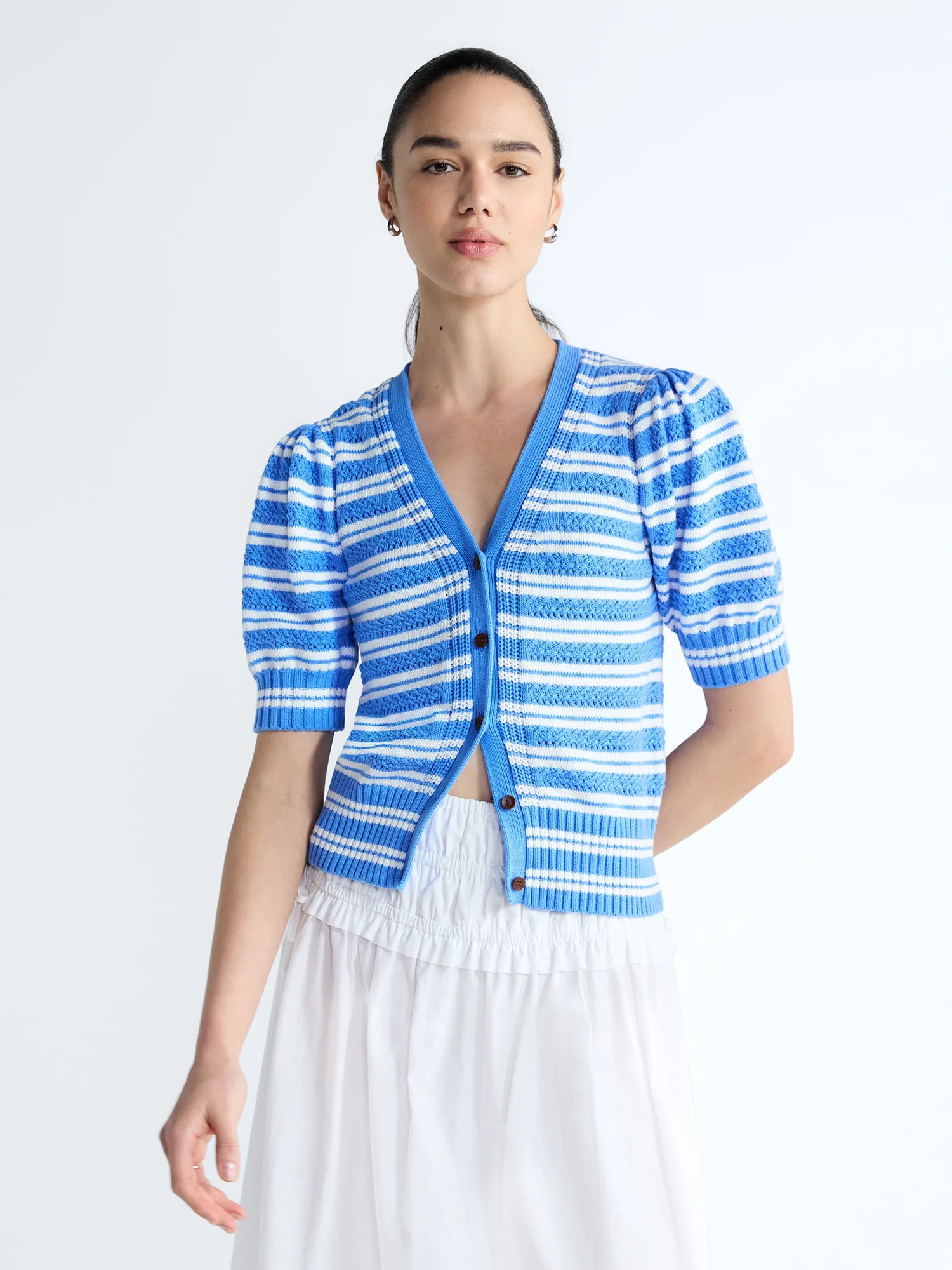 Free Assembly's Women's Cotton Crochet Cardigan Sweater with Puff Sleeves, Sizes XS-4X | Walmart (US)