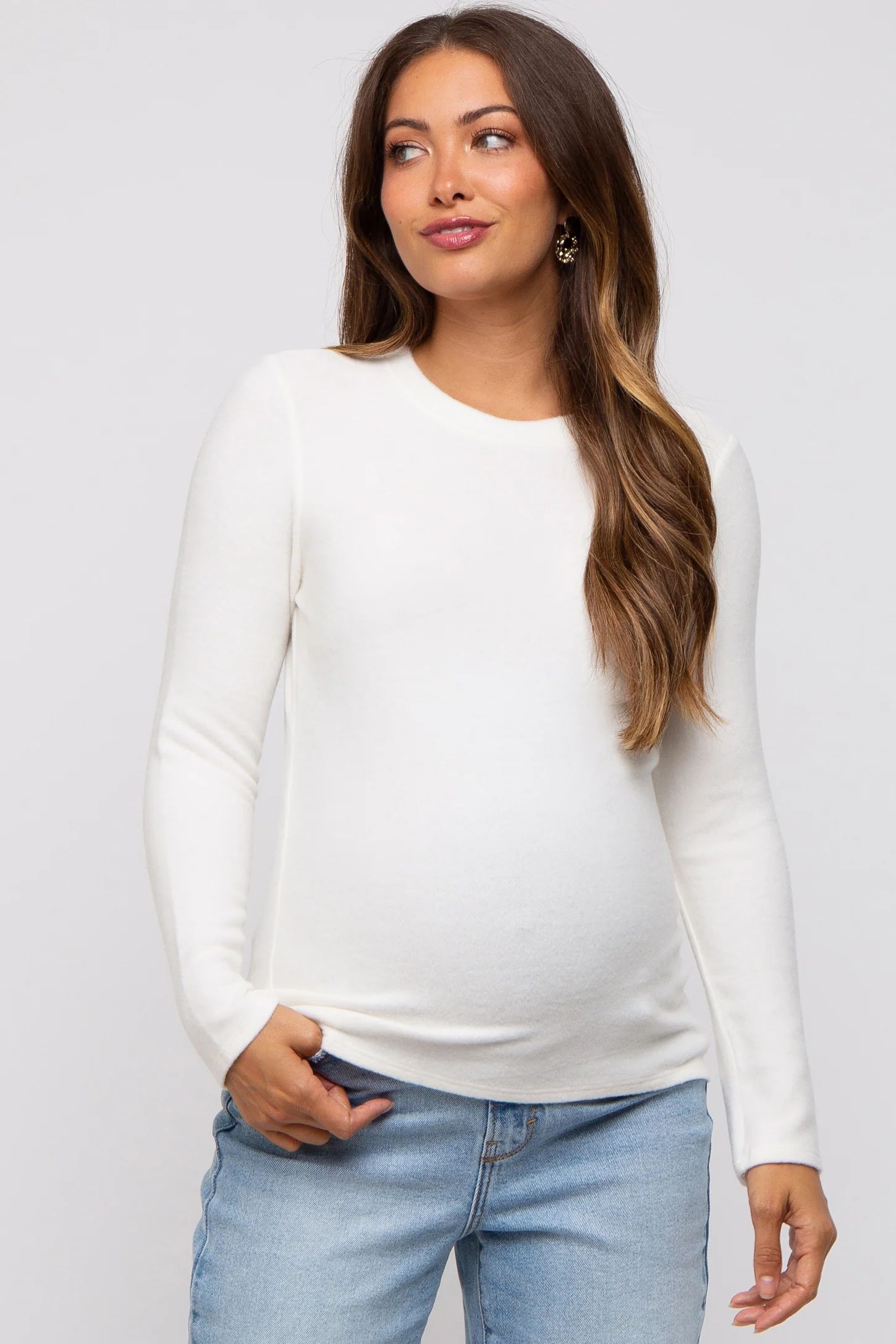 Ivory Soft Brushed Maternity Long Sleeve Top | PinkBlush Maternity