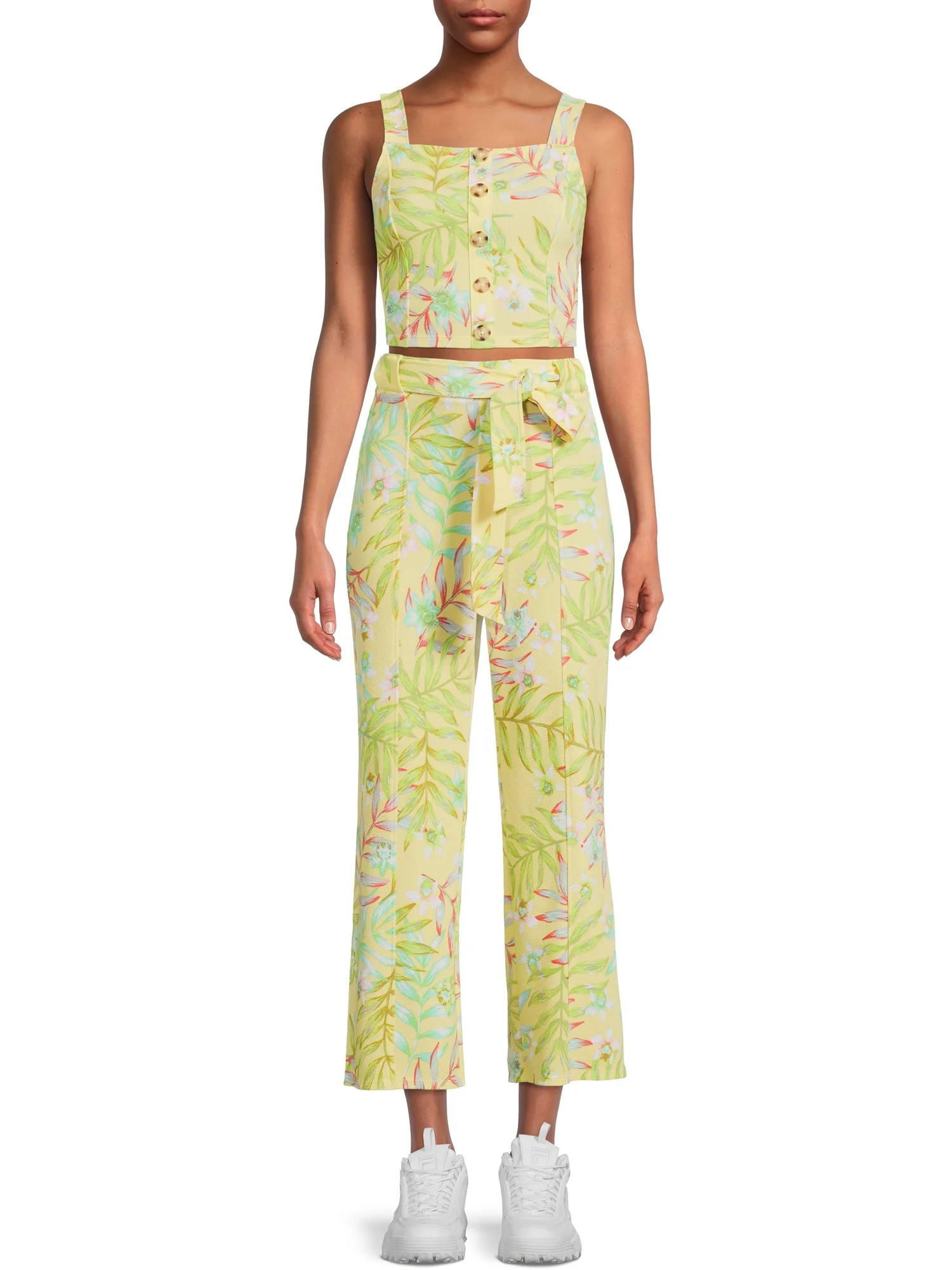 No Boundaries Juniors' Button Front Tank Top and Flare Pants Set, 2-Piece | Walmart (US)