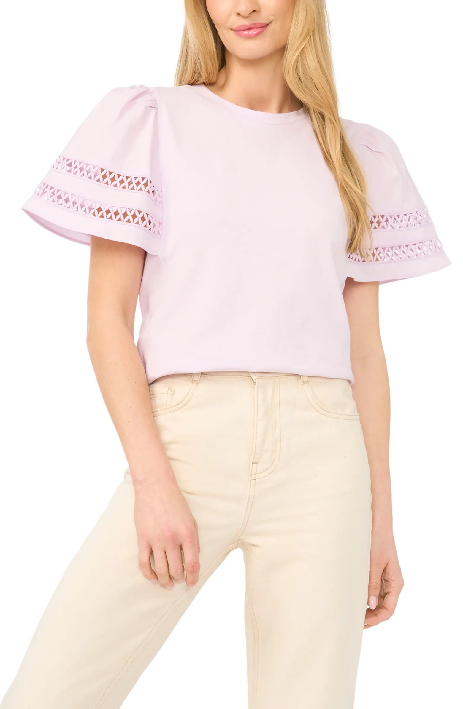 CeCe Embroidered Detail Short Sleeve Cotton Top | Nordstrom | Nordstrom