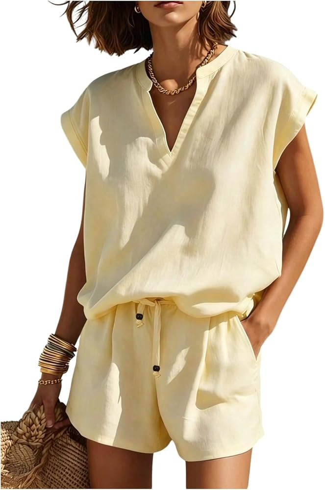 SHENHE Women's Summer 2 Piece Outfits Short Sleeve V Neck Loose Top Tee and Shorts Casual Set | Amazon (US)