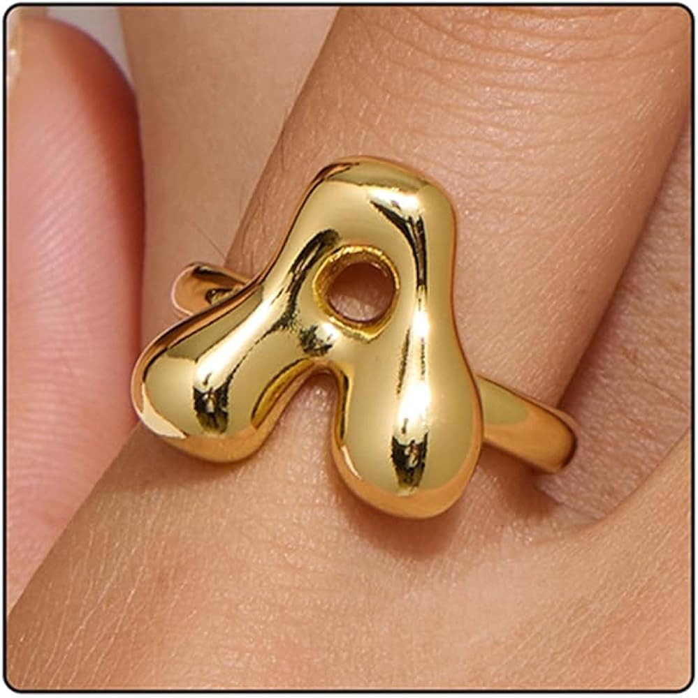 Bubble Initial Ring For Women,Dainty Balloon Letter Rings 14k Gold Plated Open Alphabet A-Z Adjustable Unique Fashion Gift Jewelry | Amazon (US)