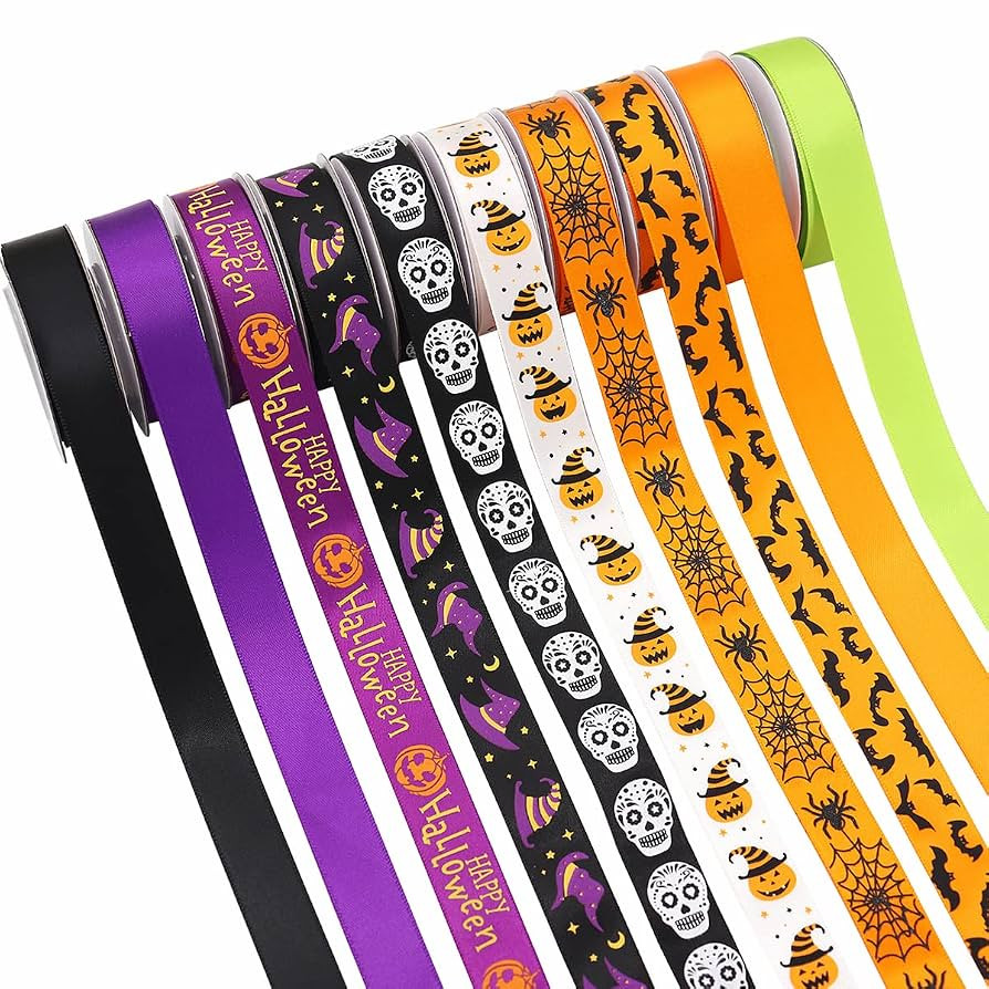 10 Rolls 50 Yards Halloween Satin Ribbon - Spider, Witch Hat, Skull, Pumpkin Printed Ribbon for Wreaths, DIY Craft, Floral Bows, Holiday Decor | Amazon (US)
