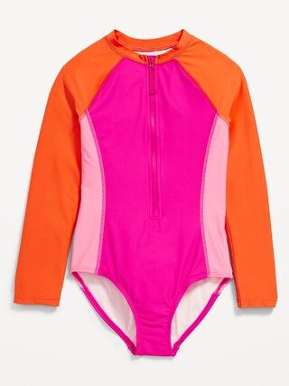Color-Block Zip-Front Rashguard One-Piece Swimsuit for Girls | Old Navy (US)