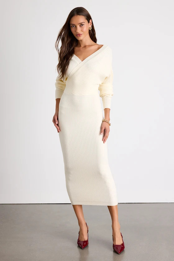 Bixby Ivory Ribbed Surplice Bodycon Sweater Midi Dress | Lulus