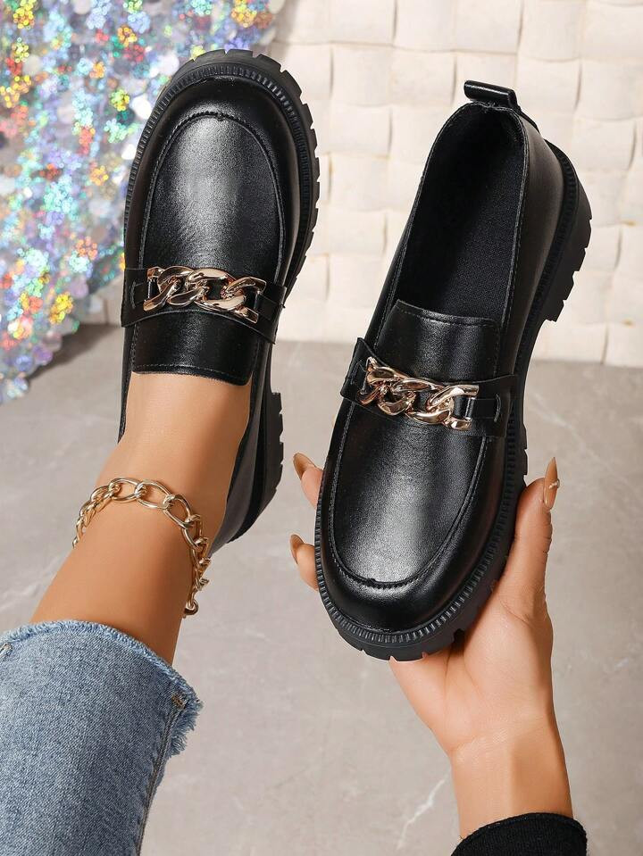 TrendsWomen's Chain Decor Block Heel Classic Loafers, Comfortable & Elegant Flat Loafers | SHEIN