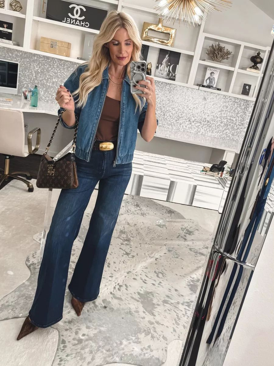 🩶 SALE ALERT 🩶 This fabulous denim bomber jacket is on sale right now, making it under $100! It’s the perfect throw-on-and-go layer—comfortable, effortlessly cool, and easy to dress up or down. I styled it with my number one best-selling jeans by MOTHER for a reason. This wide-leg, high-waisted silhouette with a floor-skimming hem is the formula for those long, model-esque legs. ✨ Fit notes: • Denim bomber jacket runs true to size (wearing XS) • MOTHER jeans run true to size (wearing 24) A great jacket + great denim = instant outfit. 

 

#LTKSeasonal #LTKOver40 #LTKSaleAlert