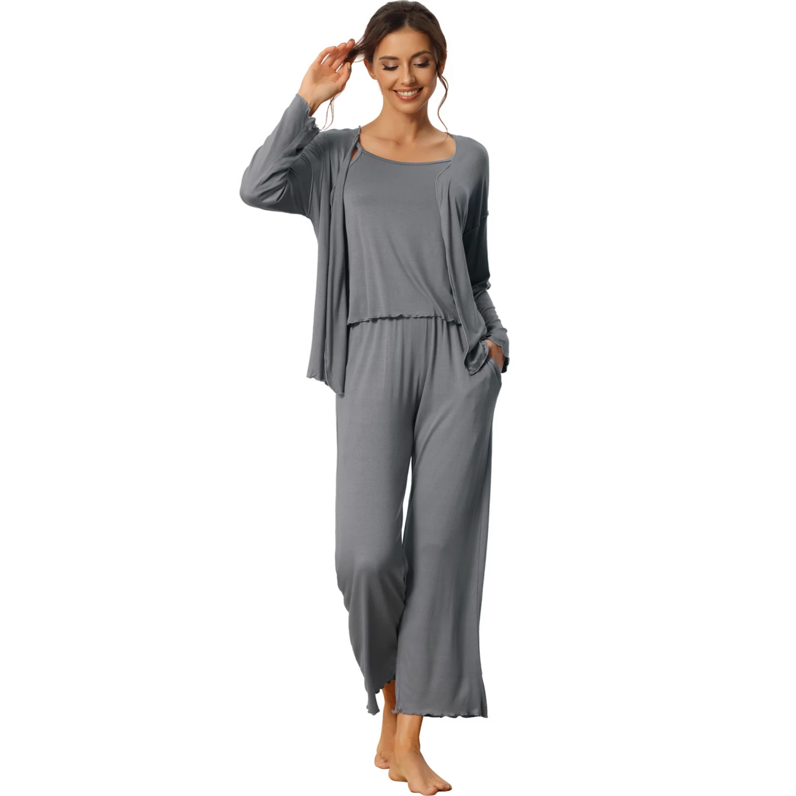 Womens 3 Pcs Sleepwear Solid Color Long Sleeve Tops Cami and Pants Pajama Set | Kohl's
