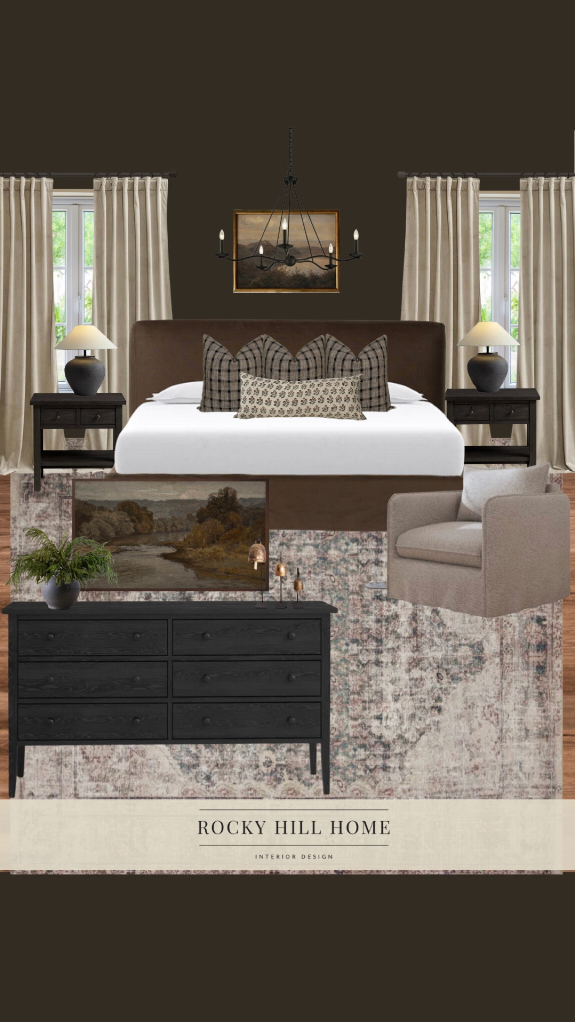 Moody cottage primary bedroom design, McGee and Co bed, amber lewis rug, chandelier, slipcovered bed, black dresser, Target chair, pottery barn nightstands, bedside lamps

#LTKstyletip #LTKhome