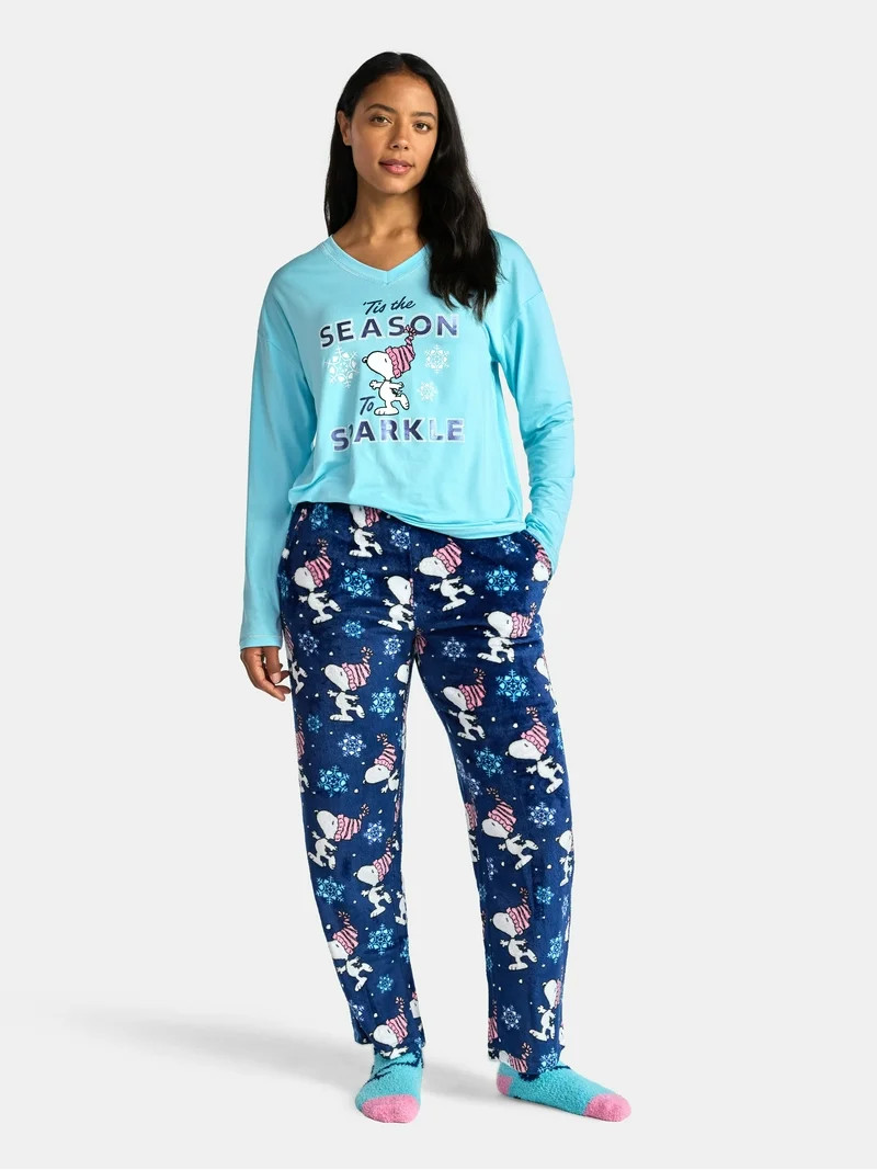 Peanuts Women's and Women’s Plus Top, Pants and Socks Holiday Sleep Gift Set, 3-Piece, Sizes XS... | Walmart (US)