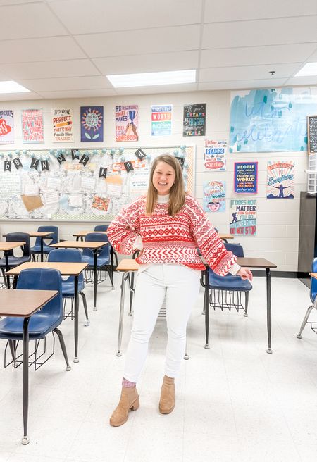 festive holiday outfit idea / Christmas outfit for the classroom. Holiday sweater / red & white fair isle chunky sweater with white jeans and over the ankle boots! 

#LTKworkwear #LTKHoliday #LTKSeasonal