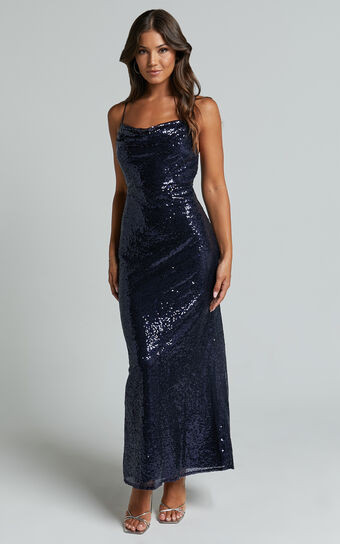 Cynthie Midi Dress - Strappy Cowl Neck Sequin Slip Dress in Navy | Showpo (US, UK & Europe)
