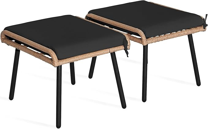 YITAHOME 2-Piece Outdoor Wicker Ottoman, All-Weather Patio Rattan Foot Rest with Cushions - Black | Amazon (US)