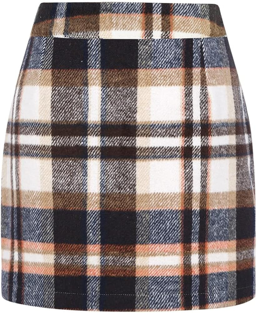 IDEALSANXUN Womens Wool Plaid Mini Skirt Fall Winter High Elastic Waist Short Pencil Skirt | Amazon (US)