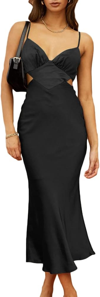 Women's Fall Satin Backless Maxi Dress Silk Cut Out V Neck Slip Tie Back Formal Cocktail Midi Dre... | Amazon (US)