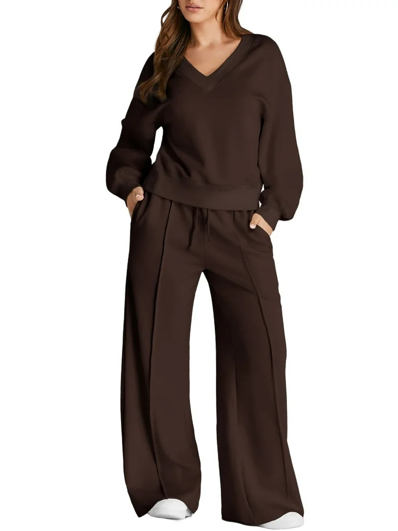 DOKOTOO Sweatsuits for Women 2 Piece Outfits Oversized Casual V Neck Sweatshirt with Wide Leg Swe... | Walmart (US)