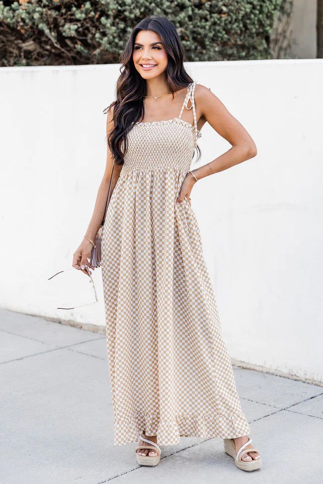 All Good Things Taupe Checkered Maxi Dress | Pink Lily