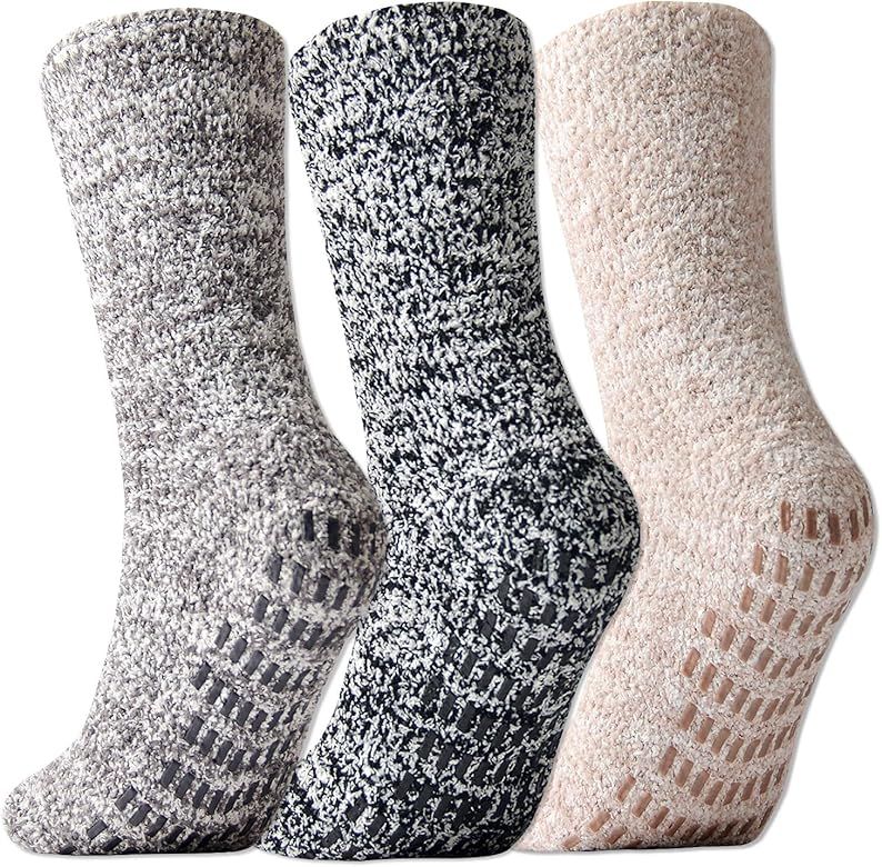 3 Pairs Ultra Thick Fuzzy Grip Socks Non Skid Slipper Hospital Socks Unisex | Amazon (US)