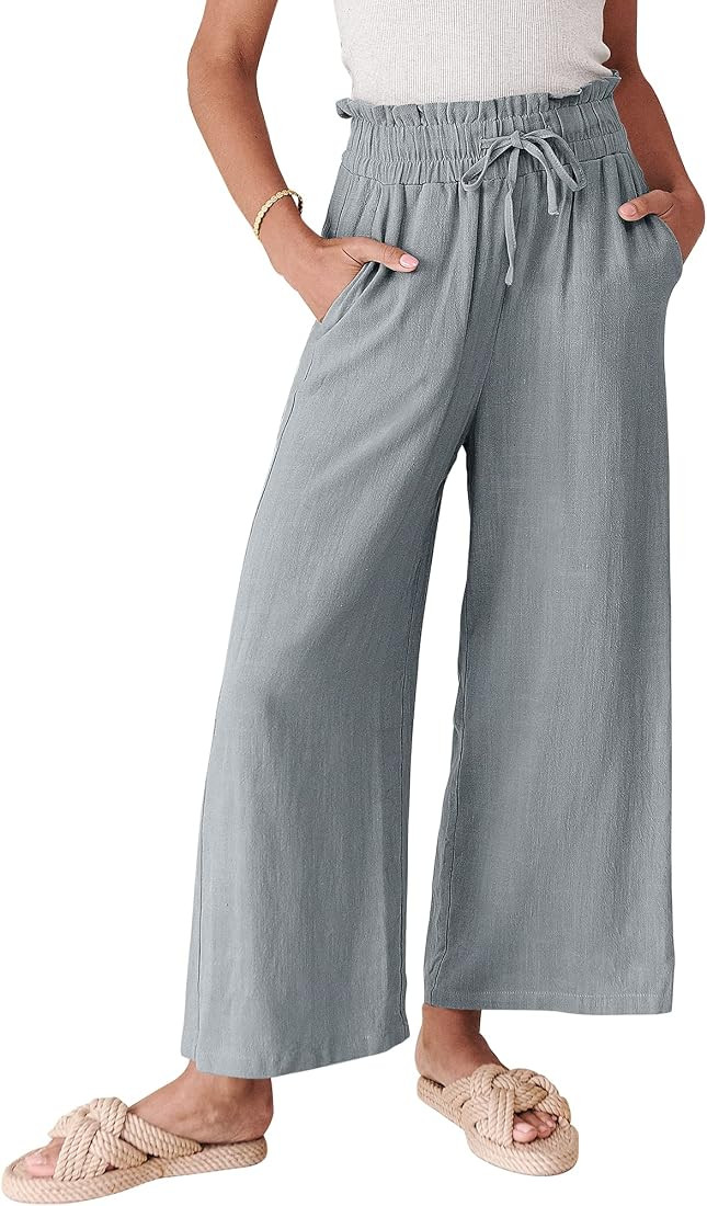 ANRABESS Women's Linen Pants Casual Loose High Waist Drawstring Wide Leg Capri Palazzo Pants Trou... | Amazon (US)
