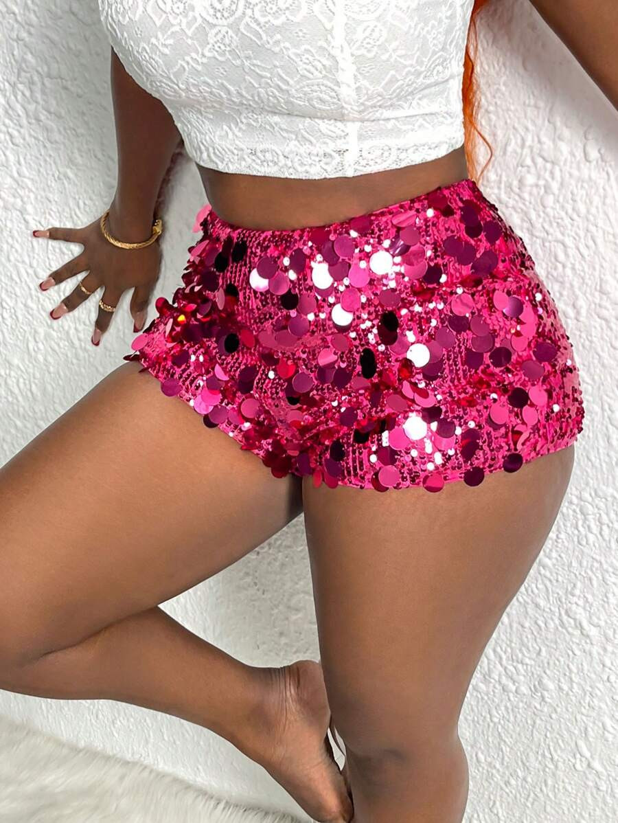 Slaydiva Women's Rose Pink Sequin Shorts | SHEIN