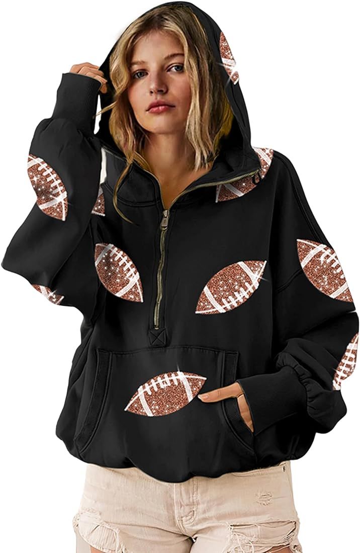 SeekMe Womens Game Day Sweatshirts Football Sequin Hoodies Tailgate Outfits Long Sleeve Zipper Sw... | Amazon (US)