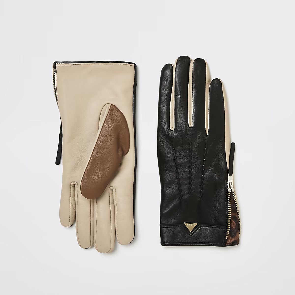 Black colour blocked leather gloves | River Island (UK & IE)