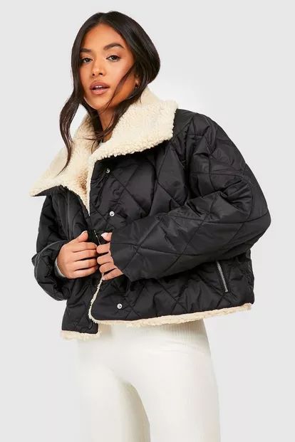 Petite Teddy Trim Quilted Puffer Jacket | Boohoo.com (US & CA)