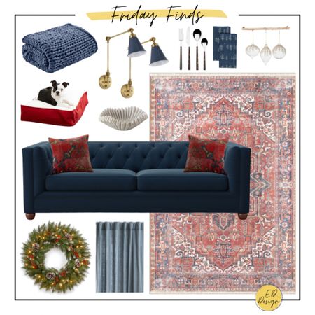 Friday finds ✨ I love this red and blue scheme for the holidays. A festive Christmas wreath, velvet pillows, cloth napkins, glass ornaments, and a cozy blanket (and dog bed!) bring it all together. Don’t forget all those holiday entertaining essentials!

#LTKhome #LTKSeasonal #LTKHoliday