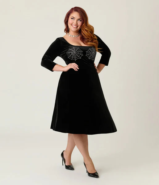 Unique Vintage Plus Size Black Spiderweb Square Neck Swing Dress | UniqueVintage