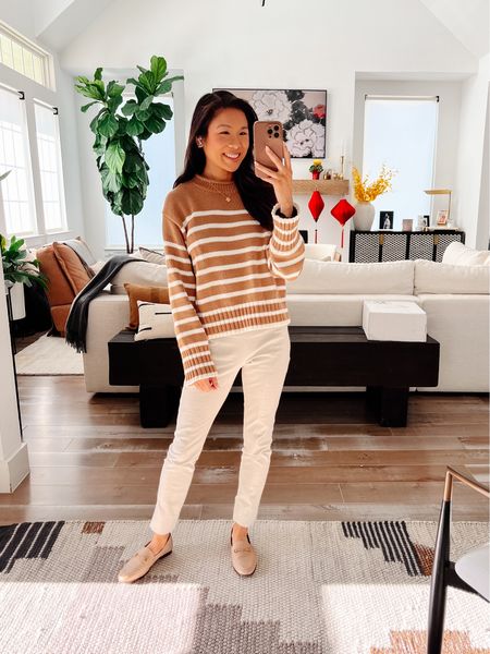 Business casual outfit with rollneck striped sweater in size XS that is 20% off! Paired it with these cream stretch work pants that are a size 00 and are super flattering, stretchy and comfortable. Great outfit for casual workwear and more

#LTKstyletip #LTKworkwear #LTKsalealert