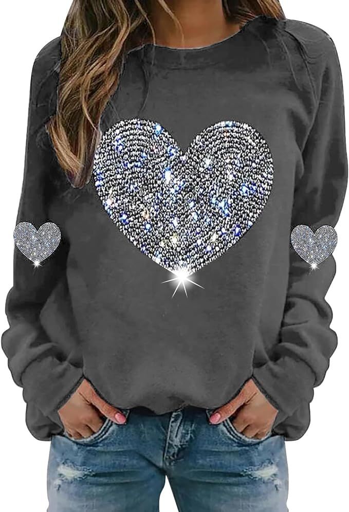 Valentines Sweatshirts for Women 2024 Funny Love Heart Graphic Print Shirts Casual Long Sleeve To... | Amazon (US)