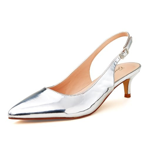 GENSHUO Women's Low Kitten Heel Slingback Ankle Strap Pump Pointed Toe Comfortable Formal Party Wedding Dress Shoes Metallic Silver Size 7 | Amazon (US)