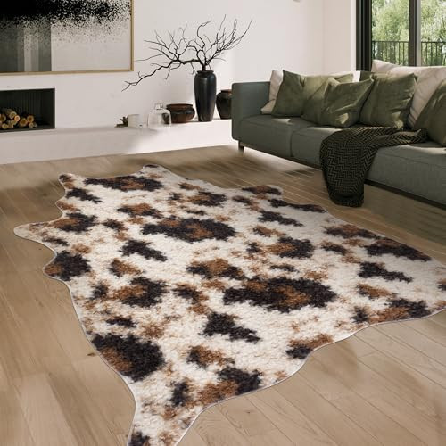 Faux Fur Cowhide Rug: Fluffy Cow Print 5.2x7 Feet Washable Cow Hide Rug for Living Room Bedroom Animal Print Skin Rustic Western Décor Black and Brown | Amazon (US)