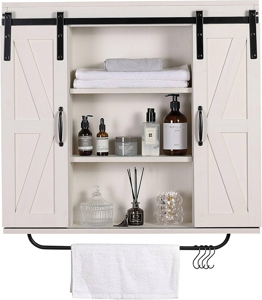 RUSTOWN Rustic Wood Wall Storage Cabinet with Two Sliding Barn Door, 3-Tier Decorative Farmhouse ... | Amazon (US)