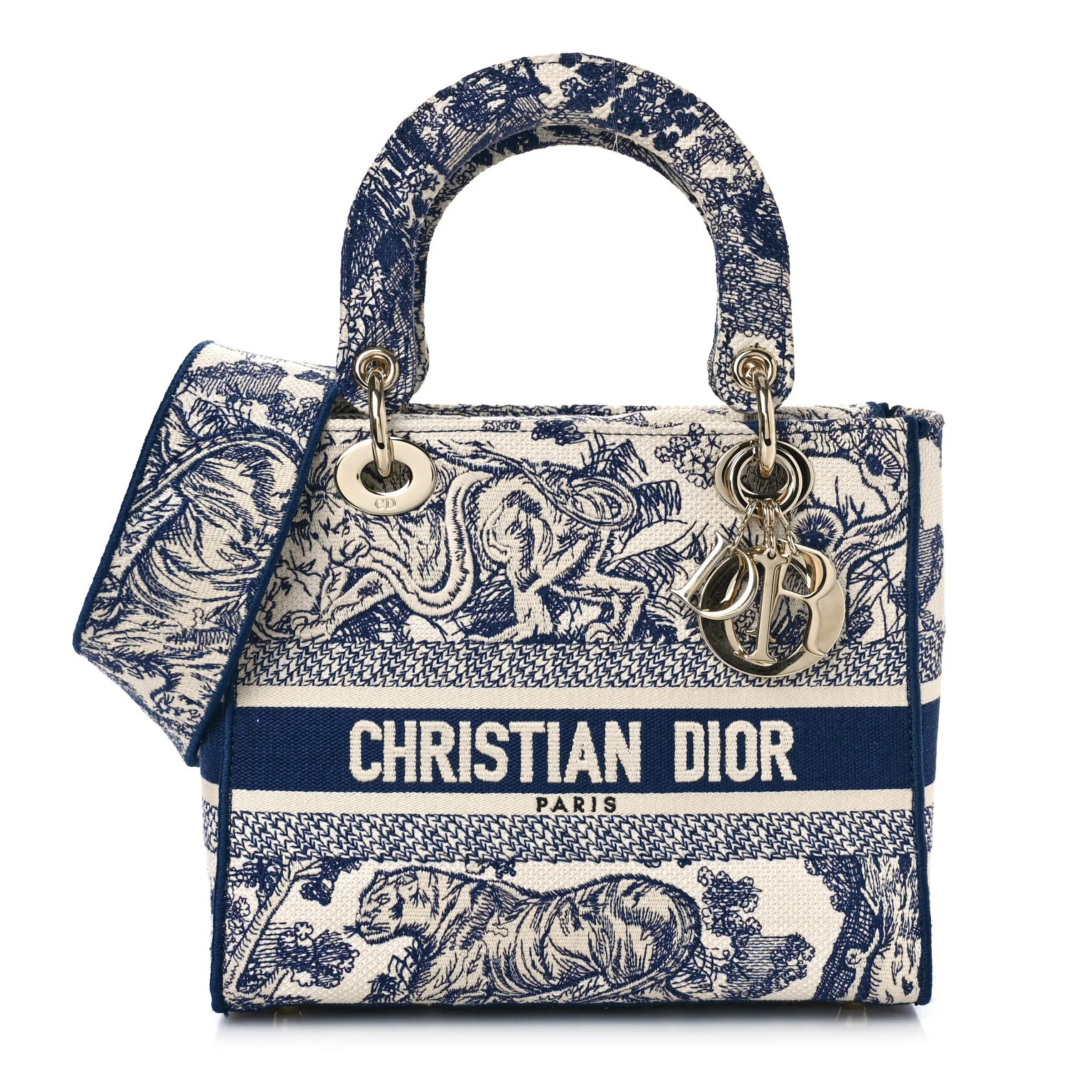 Canvas Toile De Jouy Embroidered Medium Lady D-Lite Navy | FASHIONPHILE (US)