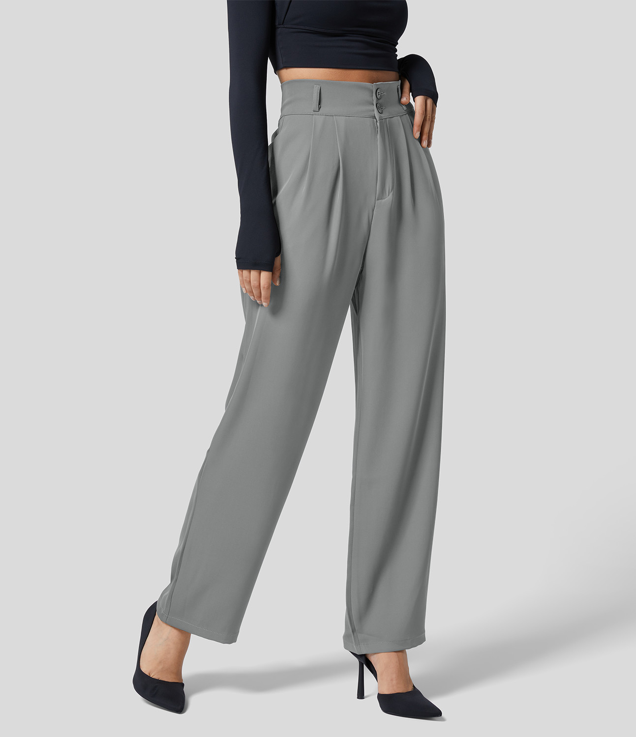 Women’s High Waisted Button Zipper Plicated Side Pocket Shirred Straight Leg Work Suit Pants - ... | HALARA