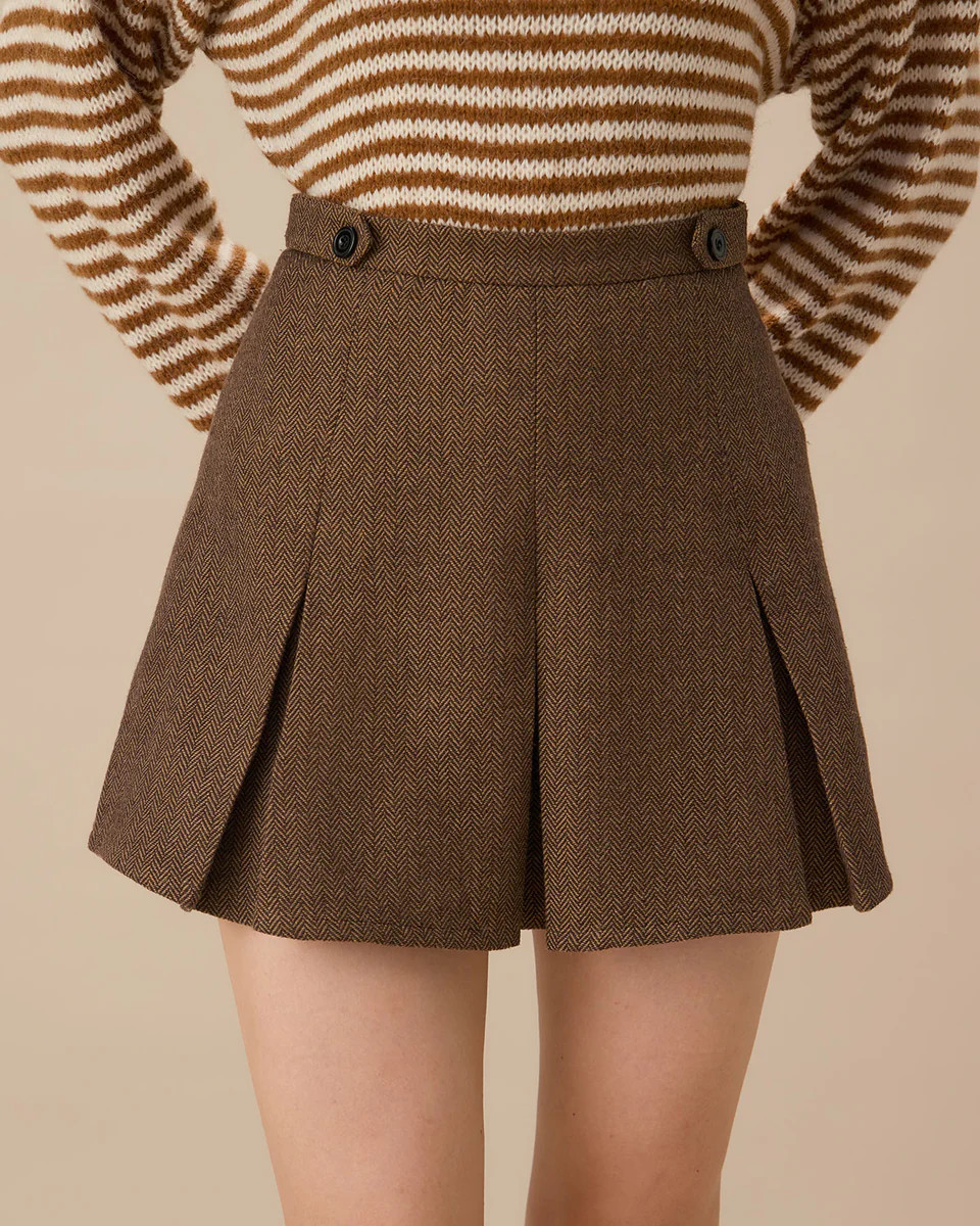 Brown Striped Pleated Mini Skirt | rihoas.com