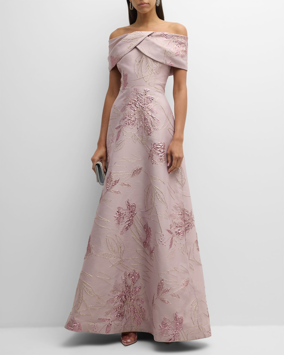 Off-Shoulder Metallic Floral Jacquard Gown | Neiman Marcus
