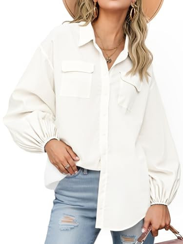 Cicy Bell Womens Oversized Linen Button Down Shirts Puff Long Sleeve Collared V Neck Cotton Blouses Loose Fit Tops White | Amazon (US)