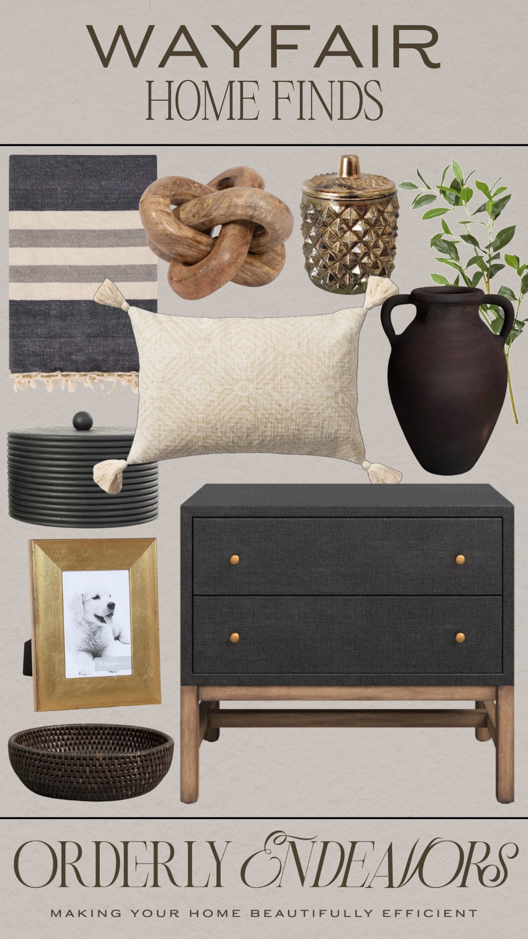 Wayfair home finds include nightstand, black decorative bowl, gold frame, lidded decorative container, vase, throw pillow, blanket, knot decor, gold decorative container, greenery stem. 

Home decor, neutral home decor, looks for less, home accents 

#LTKStyleTip #LTKFindsUnder100 #LTKHome