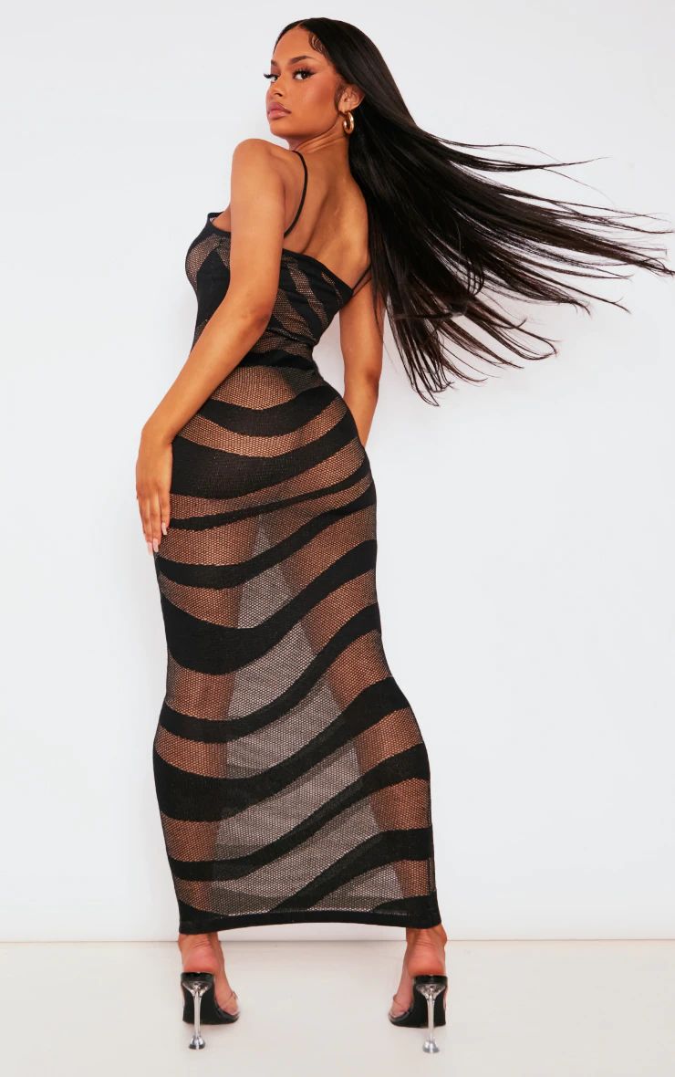 Black Sheer Knit Stripe Midi Dress | PrettyLittleThing US
