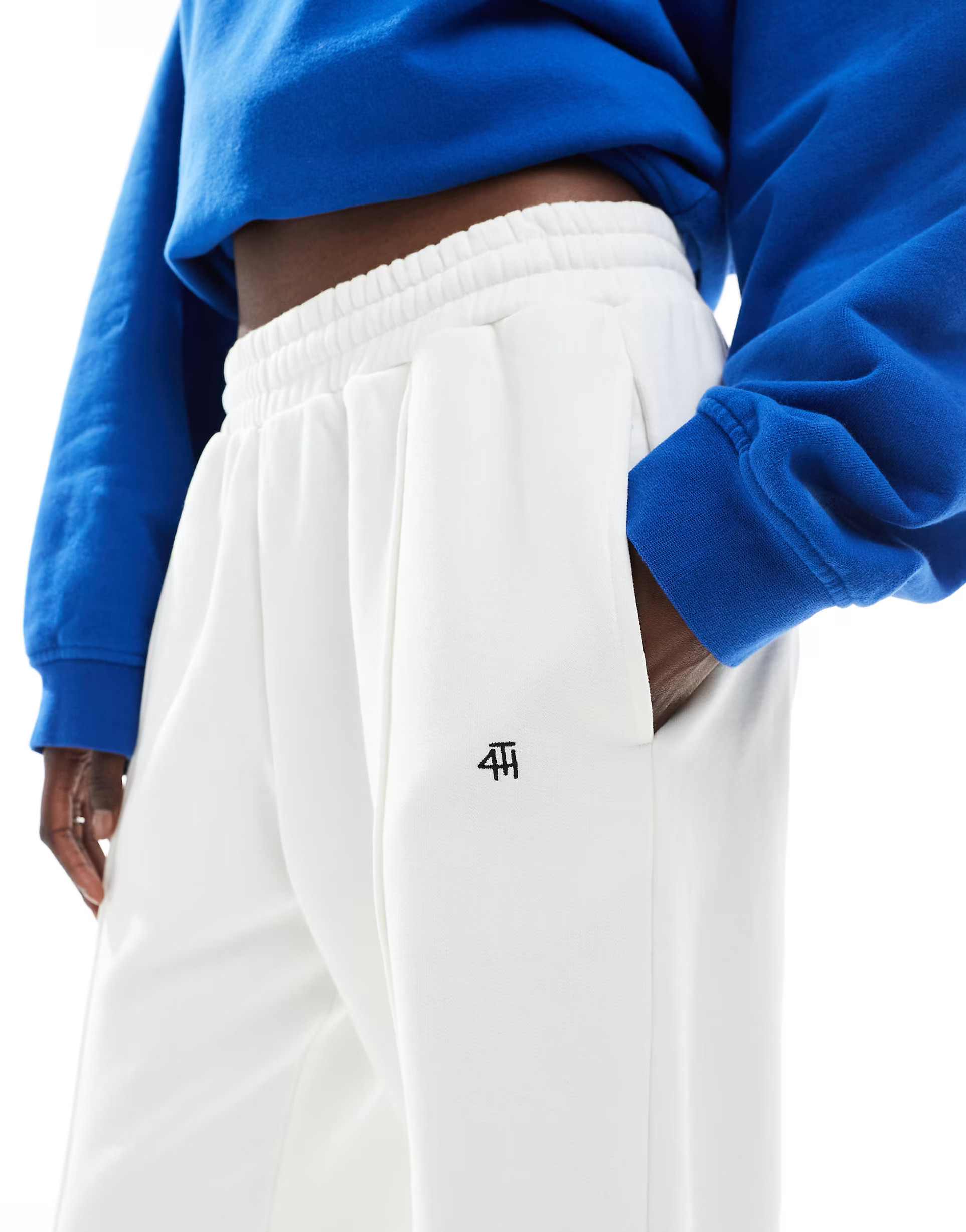 4th & Reckless embroidered logo front seam wide leg jogger in cream | ASOS (Global)