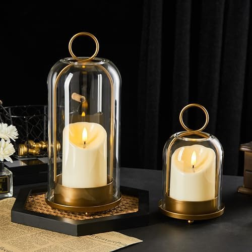 5"&4" Metal Candle Holder with Handmade Glass Dome in Brass & 2 Timer Candles, Set of 2 Versatile... | Amazon (US)